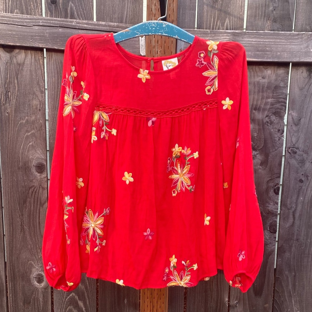 Fig flower for Anthropologie blouse women’s red embroidered 3/4 sleeve bohemian